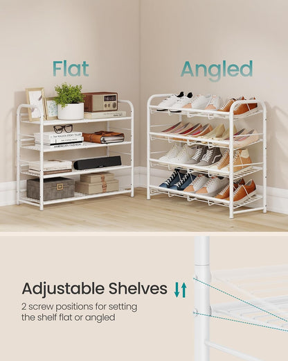 SONGMICS Stackable Shoe Rack, 4 Tier Metal Shoes Rack Storage Shelf, Holds up to 16 Pairs Shoes, Adjustable Slanted Shelves Shoe Tower Organizer for Closet Entryway Small Spaces, Black