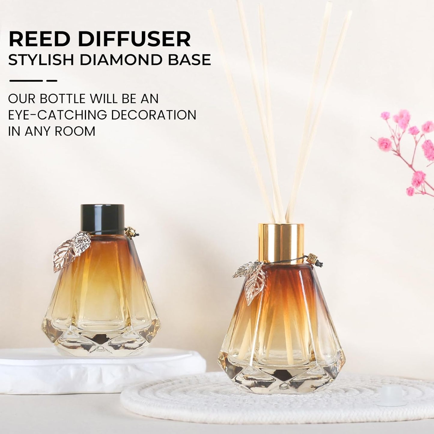 Reed Diffuser Set - 4 Empty Bottles with 20 Sticks, Delicate Gold Leaf Decor, Glass Fragrance Diffuser with Lids for Home, Bathroom | Refillable, Diamond Style (4 PCS Black)