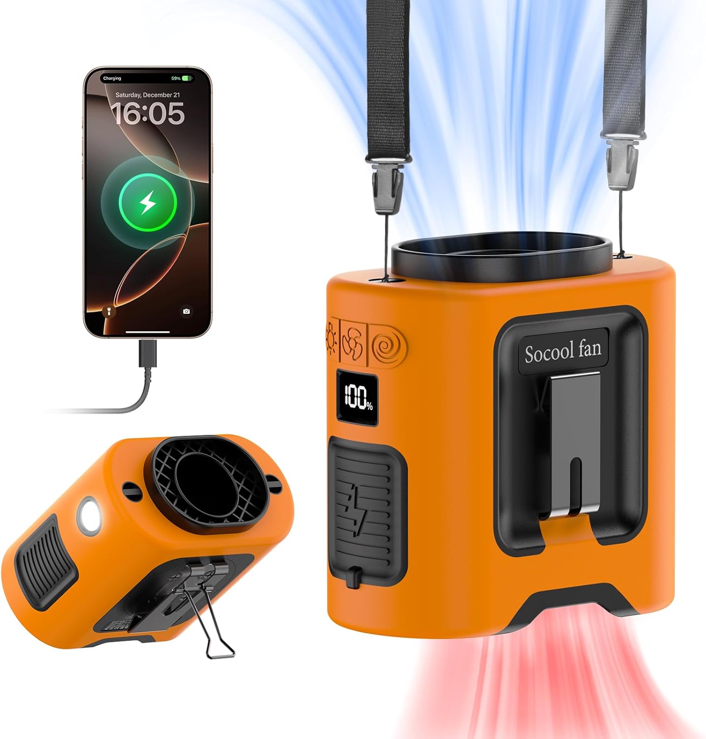 Socool 10000mAh Portable Waist Fan Clip on Wearable Belt Personal Fan Rechargeable Battery operated With 5 Speeds & Flashlight Neck Hands-Free 40H Cooling For Outdoor Camping Travel (Gray）