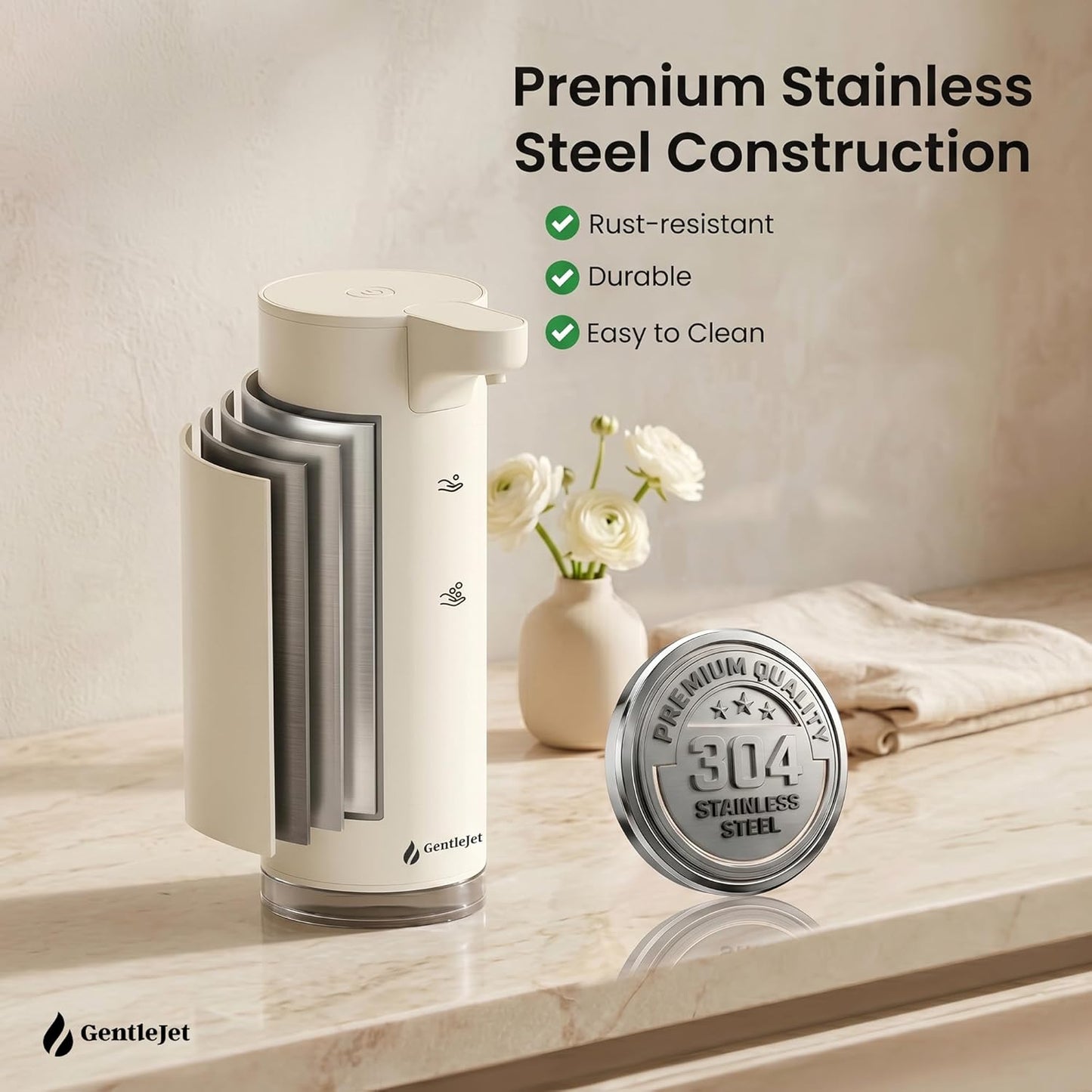 GentleJet EasyFoam Automatic Foaming Soap Dispenser Touchless Sensor, USB-C Rechargeable, 304 Stainless Steel, IPX5 Waterproof for Bathroom Kitchen Sink, 280 ml