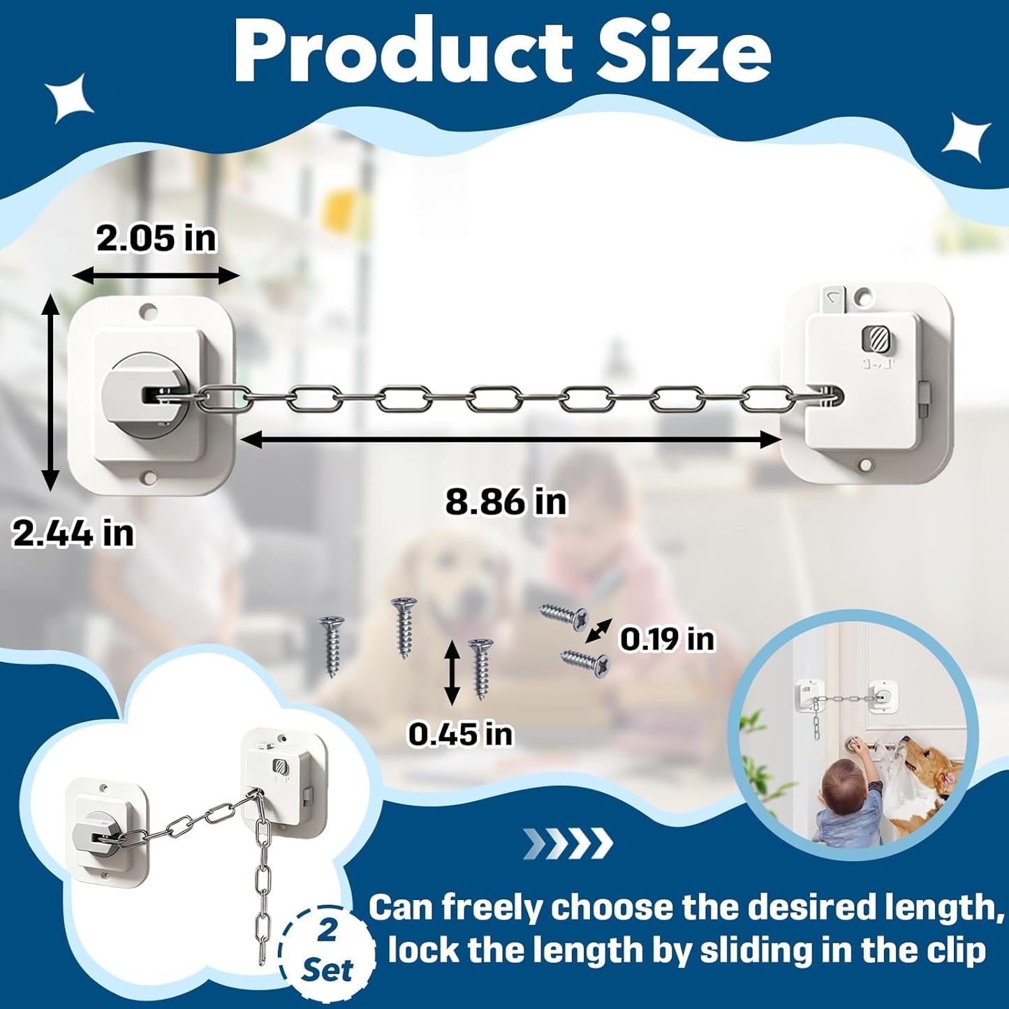 Child Proof Door Locks, No-Drill Adjustable Baby Safety Locks with 3M Strong Adhesive, Ideal for Refrigerators, Cabinets, Drawers & Toilets