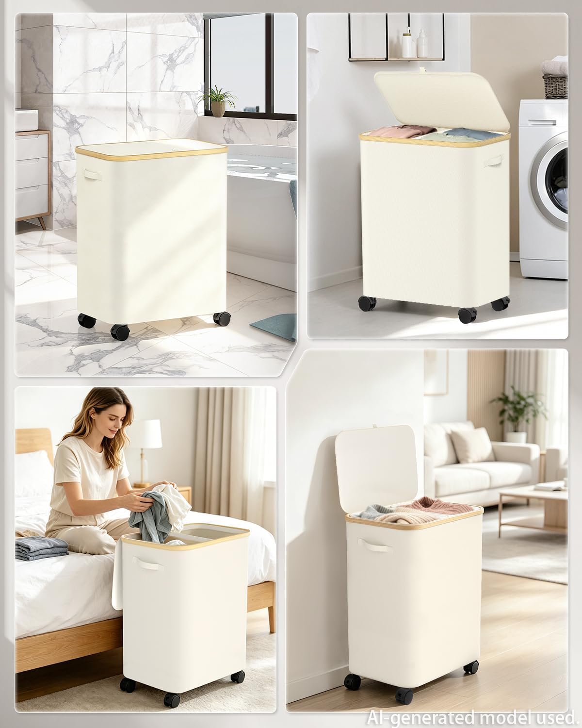 Double Laundry Hamper with Lid and Wheels, 150L Large Laundry Basket with 2 Sections & Removable Liner Bags, Rolling Dirty Clothes Basket with Handles for Bedroom, Bathroom, Dorm, College