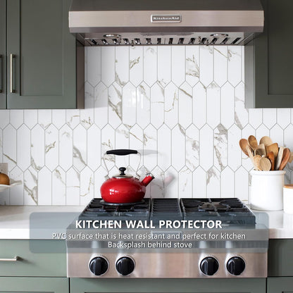 Vamos Tile Glossy Dolomite White Backsplash Tile Peel and Stick, 12.8 x 12.8 Inch 10 Sheets Long Hexagon PVC Self Adhesive Mosaic Wall Tiles Stick on Backsplash for Kitchen and Bathroom