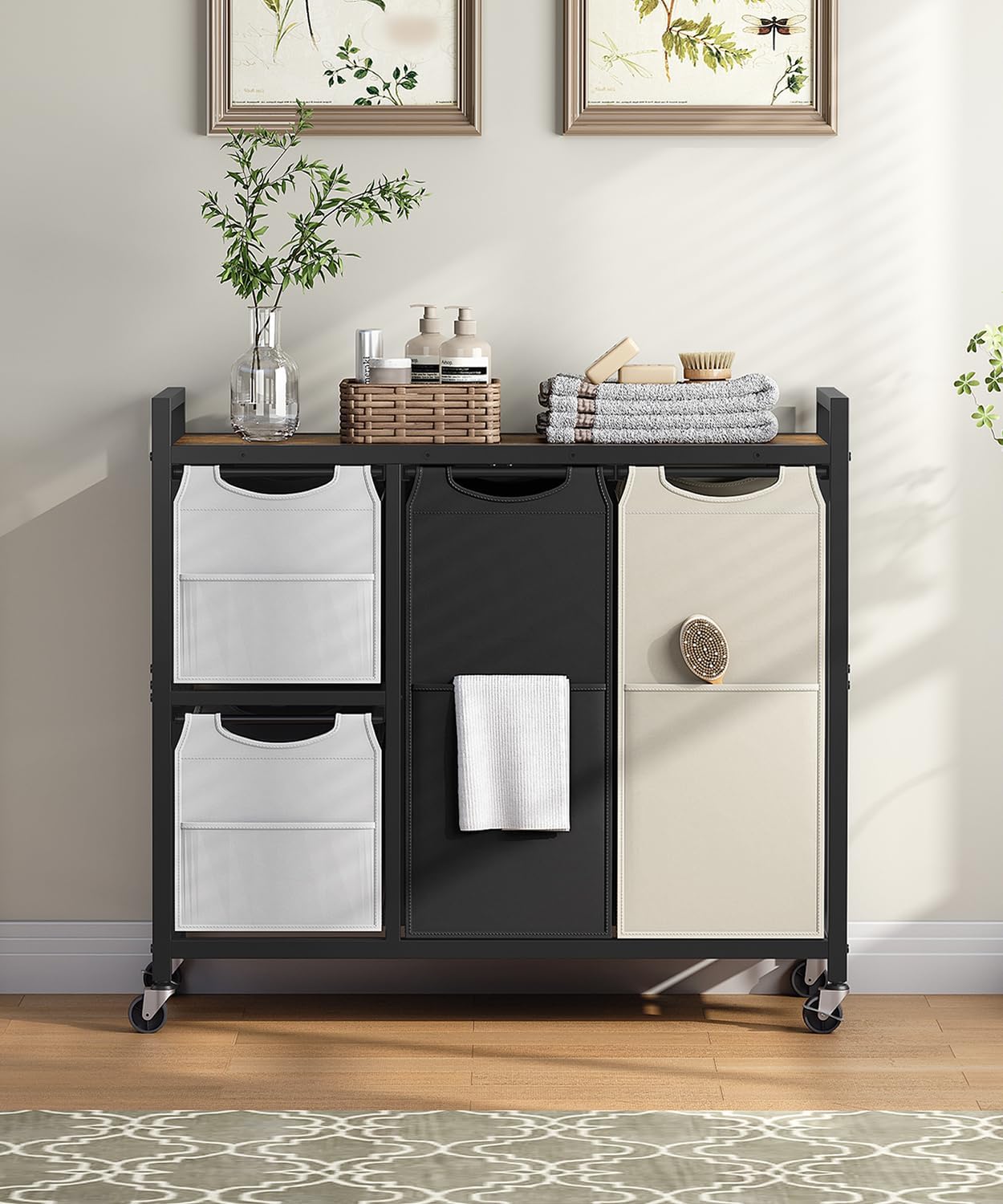 HOOBRO Laundry Sorter with 4 Section, 34 Gal. (127 L) Laundry Hamper with Wheels, Rolling Laundry Basket with Shelves, Pull-Out Detachable Bags, Side Pockets, White, Natural and Beige WNE14XY01N1