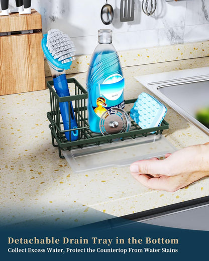 Consumest Sponge Holder for Kitchen Sink - Kitchen Sink Caddy Organizer with Removable Drip Tray for Countertop Dish Soap Dispenser Brush Storage Accessories 304 Stainless Steel - Black