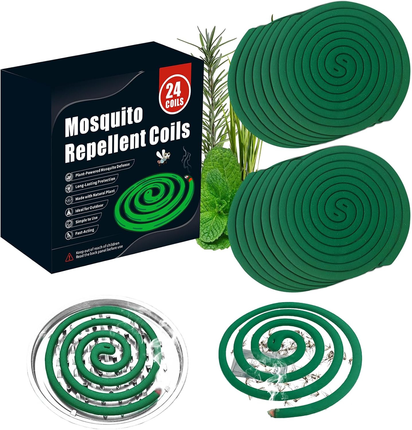 24 Extra Strength Mosquito Repellent Coils with 1 Metal Holder & 6 Stands, Citronella Incense Mosquito Coils Outdoor Patio Yard Camping Use, Long Lasting 6-8 Hrs Plant-Based Mosquito Coil Incense