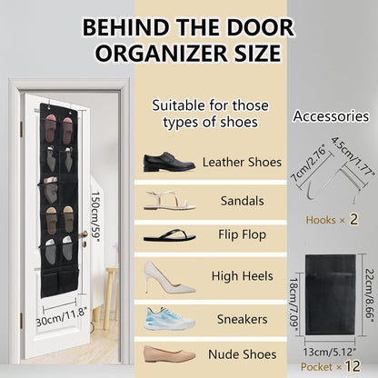 Over the Door Shoe Organizer, 12 Mesh Pockets Hanging Shoe Organizer with 4 Metal Hooks (Black)