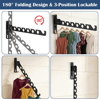 3-Pack Black Aluminum Wall Mounted Coat Hanger Holder, Retractable Folding Drying Rack - Space Saving Closet Organizer for Laundry, Bedroom, Bathroom