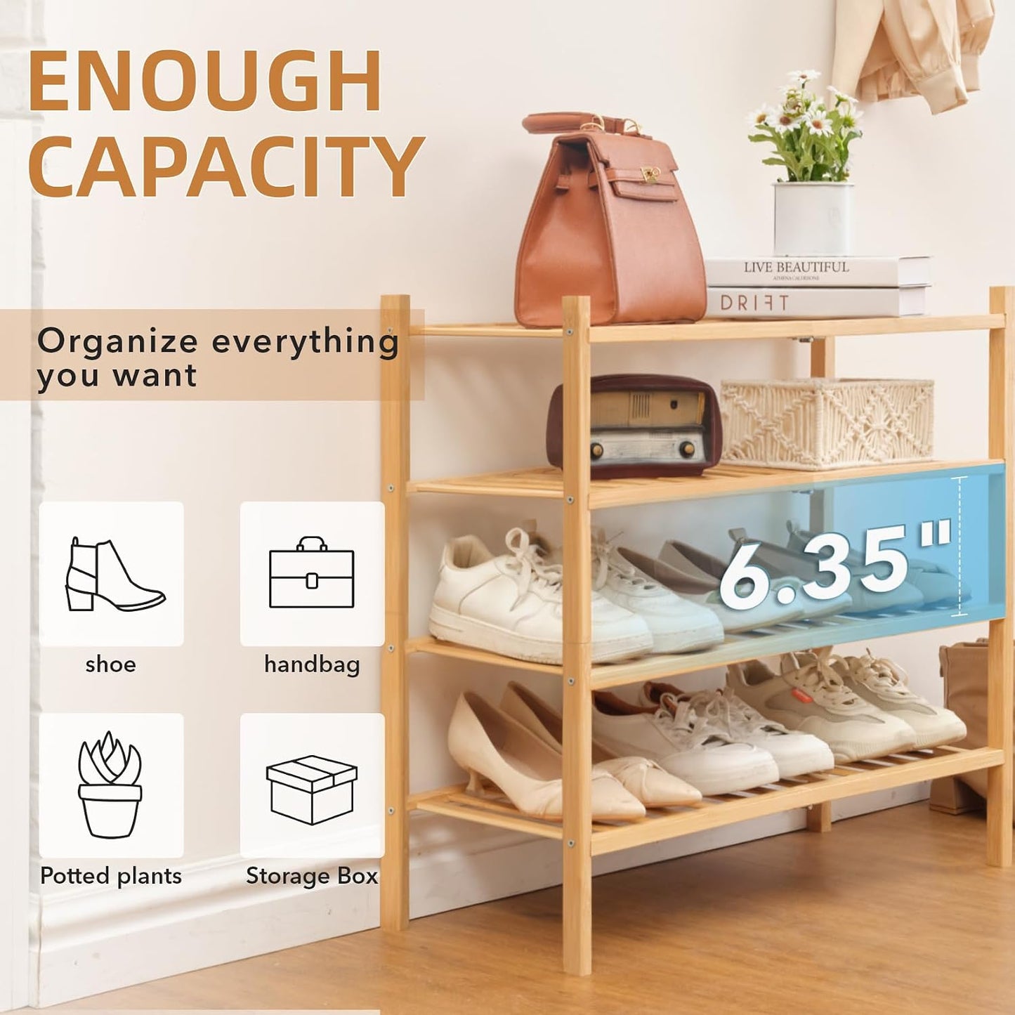 4 Tier Bamboo Shoe Rack Storage Organizer for Closet, Multifunctional Stackable Free Standing Shoe Shelf Organizer for Small Space,Entryway, Hallway, Bathroom27 x11 x26(White, 4 Tier)