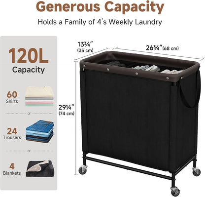 StorageWorks 3 Section Laundry Hamper, Rolling Laundry Cart with Wheels and Handles, Laundry Room Double Sorter for Organizer and Storage, 31.7 Gal(120L), Beige