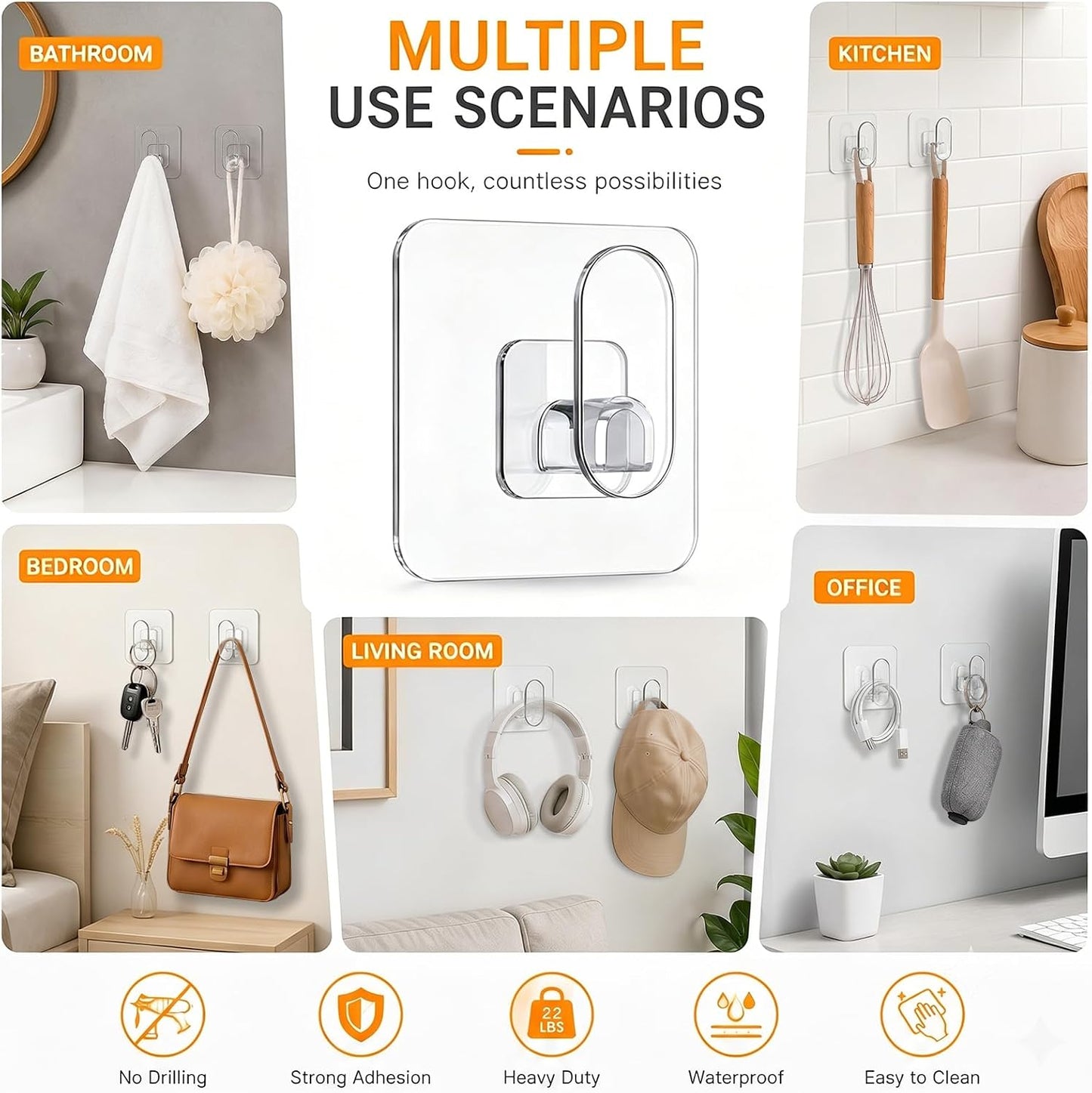 18 Pack Adhesive Wall Hooks for Hanging Heavy Duty 22lb(Max), Upgraded Clear PC No Drill Towel Hooks, Waterproof Sticky Hangers for Home, Bathroom, Kitchen, Shower, Keys, Office & Outdoor