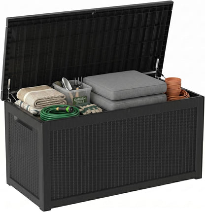 MAKINO 152 Gallon Resin Outdoor Storage Box, Waterproof Deck Box with Lockable Lid, Outside Storage Box for Patio Furniture, Pool Accessories, Garden Tools, Storage Bench for Backyard, Porch, Black