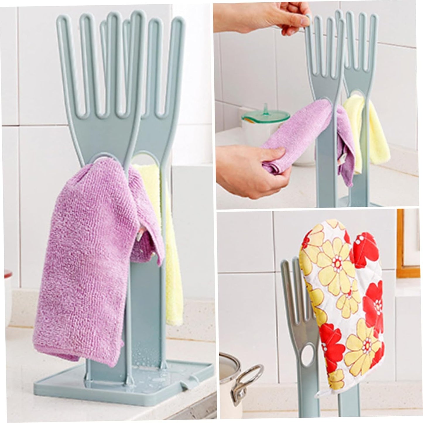 Rubber Glove Holder Glove Holder 2 Sets Plastic Drying Rack with Towel Storage Hole, Drain Outlet and Detachable Base for Kitchen Countertop or Sink