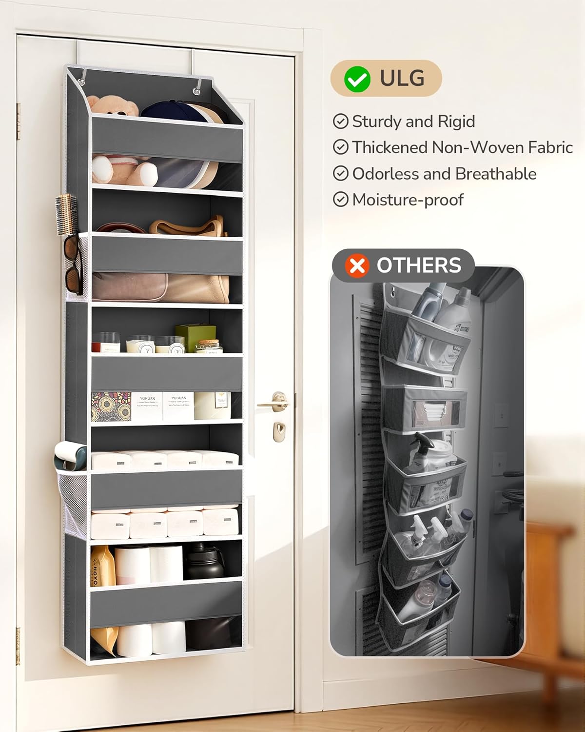 ULG 1 Pack Over Door Organizer with 5 Large Pockets 10 Mesh Side Pockets, Upgraded Linen Texture Over The Door Storage, 44 lbs Weight Capacity Hanging Storage Organizer, Ivory