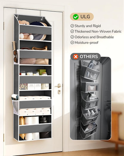 ULG 1 Pack Over Door Organizer with 5 Large Pockets 10 Mesh Side Pockets, Upgraded Linen Texture Over The Door Storage, 44 lbs Weight Capacity Hanging Storage Organizer, Ivory