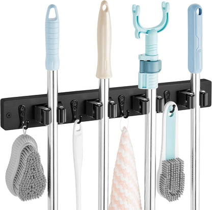 OUTNILI Mop and Broom Holder Wall Mount - Wood Broom Mop Hanger - Wall Mounted Garden Tool Rack Organizer for Closet Garage Laundry Room for Rustic Kitchen Decor With 5 Slots & 4 Hooks
