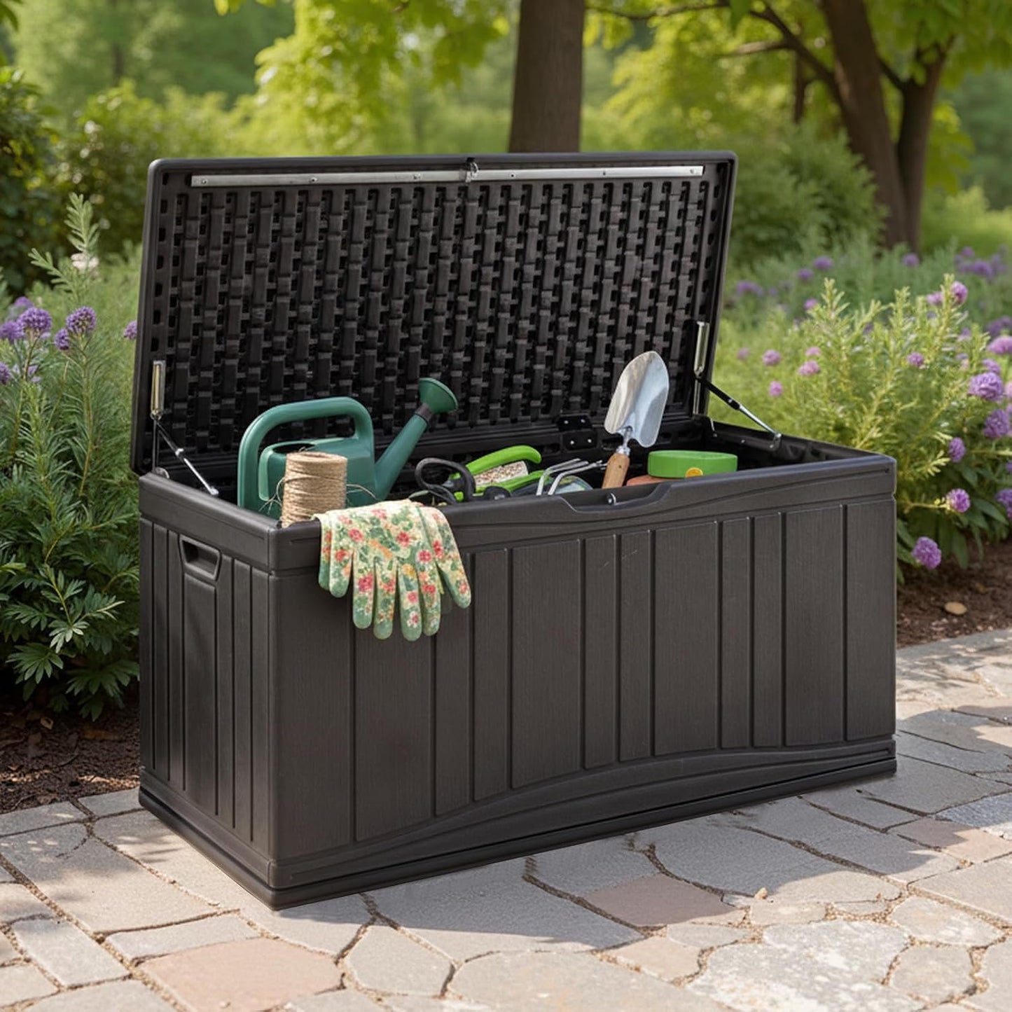 Tangkula 25 Gallon Waterproof Outdoor Storage Box with Lockable Lid | PP Resin, Wicker Patterned, Indoor Outdoor Use, Portable, Versatility, for Deck, Pool, Patio Cushions, Garden Tools