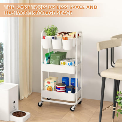 JIUYOTREE 4-Tier Plastic Rolling Storage Cart Utility Cart with Extra Hanging Cups Handles Lockable Wheels for Living Room Bathroom Kitchen Office White