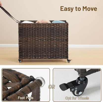 Laundry Hamper with Wheels, 34.3 Gallon(130L) Rolling Laundry Basket with Lid, 3-Section Rattan Clothes Hamper with 3 Removable Liner & 3 Mesh Bags, Laundry Sorter with Side Pocket, Brown