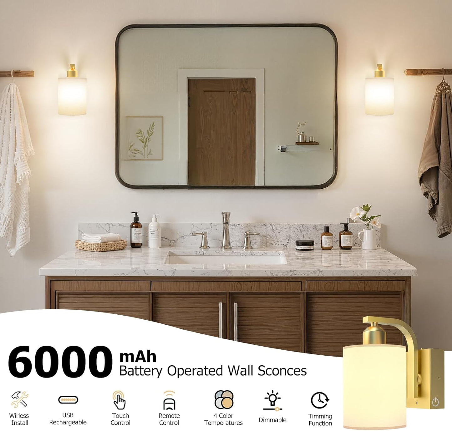 iThird Wall Sconce Battery Operated Set of 2, 6000mAh Rechargeable Wall Lights with Touch Control and Remote Control, Wireless Wall Lamps for Bedroom, Black Sconces Wall Decor for Living Room Hallway