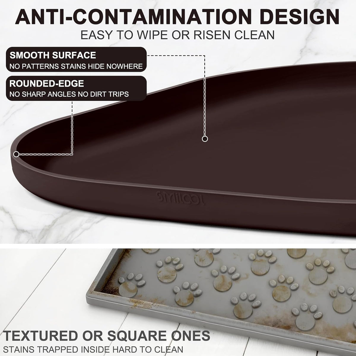 SMILOOL Silicone Pet Food Mat with Raised Edge for Food and Water Bowl, Dog Feeding Mats, Cat Food Trays for Floor Waterproof, Rubber Tray for Dogs and Cats, 19 x 12 x 0.7 Black