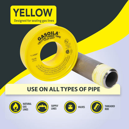 Gasoila Yellow PTFE Thread Seal Tape – Professional-Grade, 1/2 Inch x 260 Inch, High-Density Thread Tape for Gas Lines– Leak-Proof Seal, Non-Toxic
