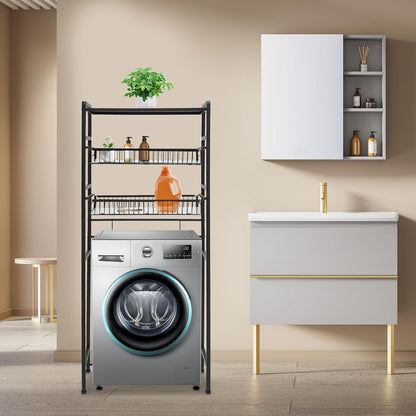 Laundry Room Over Washer Shelf, Carbon Steel, 3 Tiers, Black | Open Design Laundry Room Storage and Organizer Standing Shelf for Drum Washing Machines