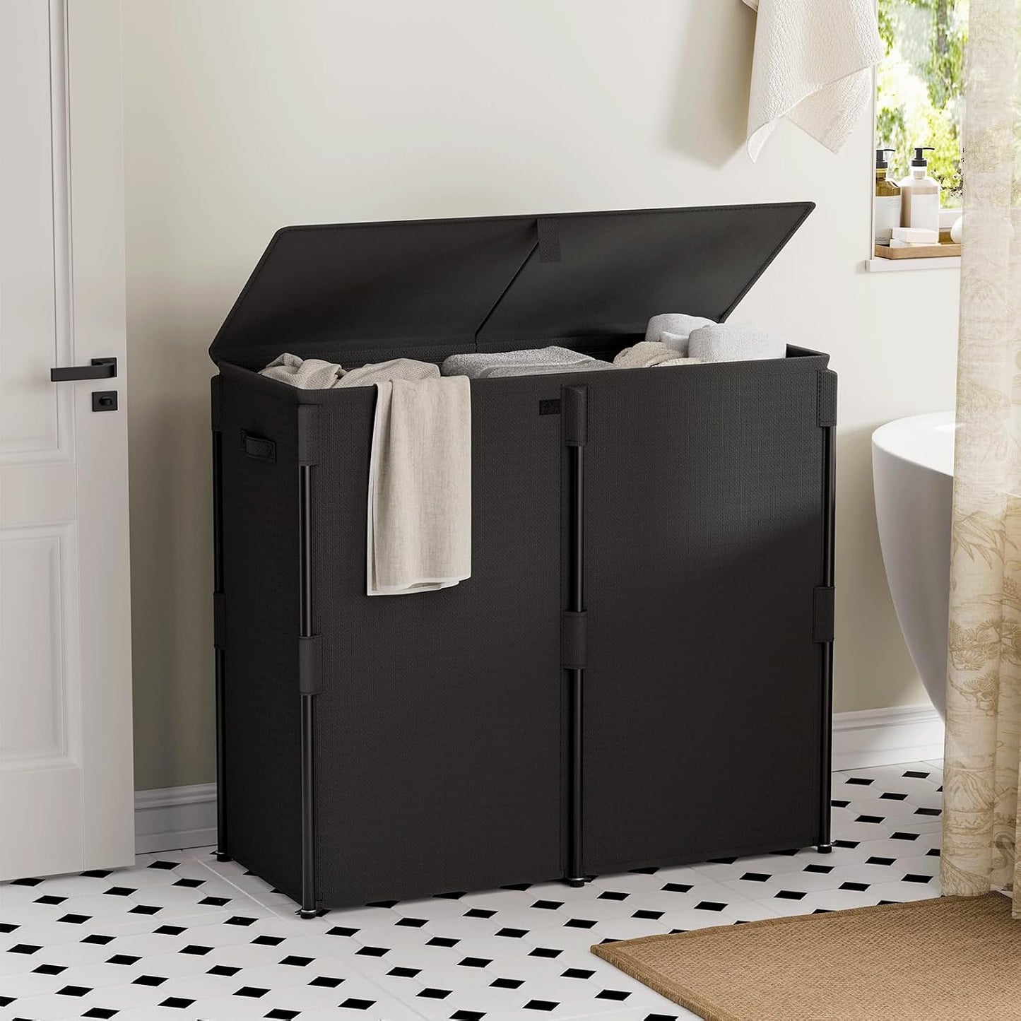 WOWLIVE 180L Laundry Hamper with Lid 3 Section, Large Laundry Basket with Removable Bags, Heavy Duty Metal Frame Dirty Clothes Hampers for Laundry, Laundry Basket Organizer for Laundry Room,Dorm,Black