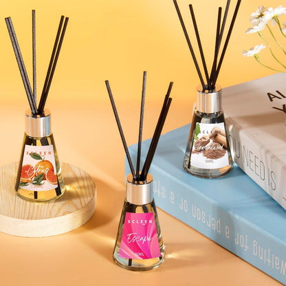 Xcleen 3 Pack Reed Diffuser, Scented Oil Diffuser with 15 Sticks, Escape/Vanilla/Moroccan Amber, Air Freshener for Bathroom & Office, Holiday Home Fragrance, Gift idea, Each 1.7Fl Oz, Total 5.1Oz