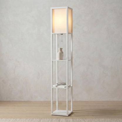 Brightech Maxwell - Modern Shelf Floor Lamp with Lamp Shade & Warm White LED Bulb, Corner Display Floor Lamp with Shelves for Living Room, Bedroom, Nightstand Office, Home Decor Storage - Natural Wood