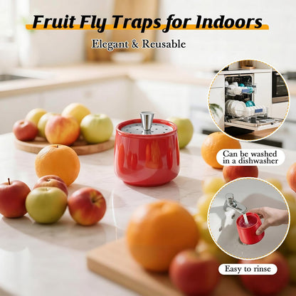 Ceramic Fruit Fly Trap for Indoors, Reusable Kitchen Fly Catcher with Stainless Steel Vent Lid, Uses Safe & Natural Vinegar Bait Trap, Dishwasher Safe, Easy to Use (White,1 Pack)