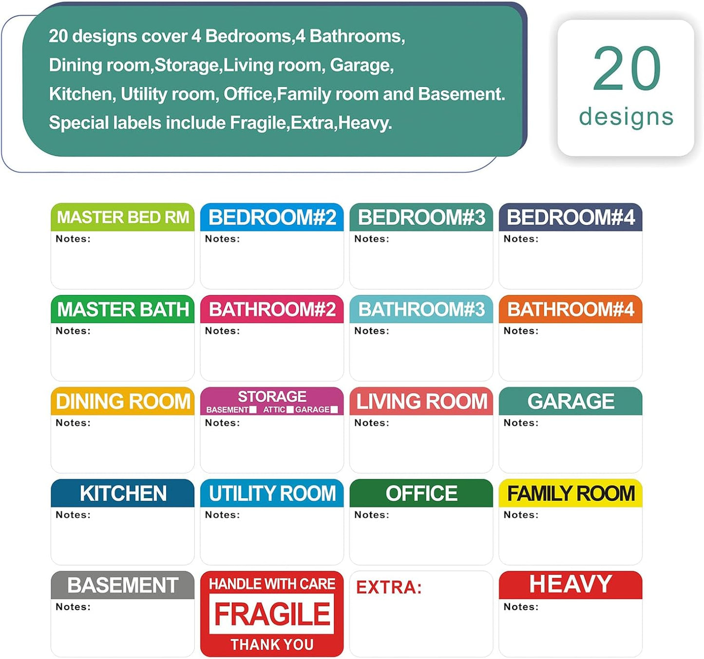 400 pcs 20 Designs Pre-Printed Color-Coded Home Moving Packing,PVC Material (Waterproof, Easy to Remove), 2 Pcs Markers Included in Set in Set, Each Measures 3” x 1.8”