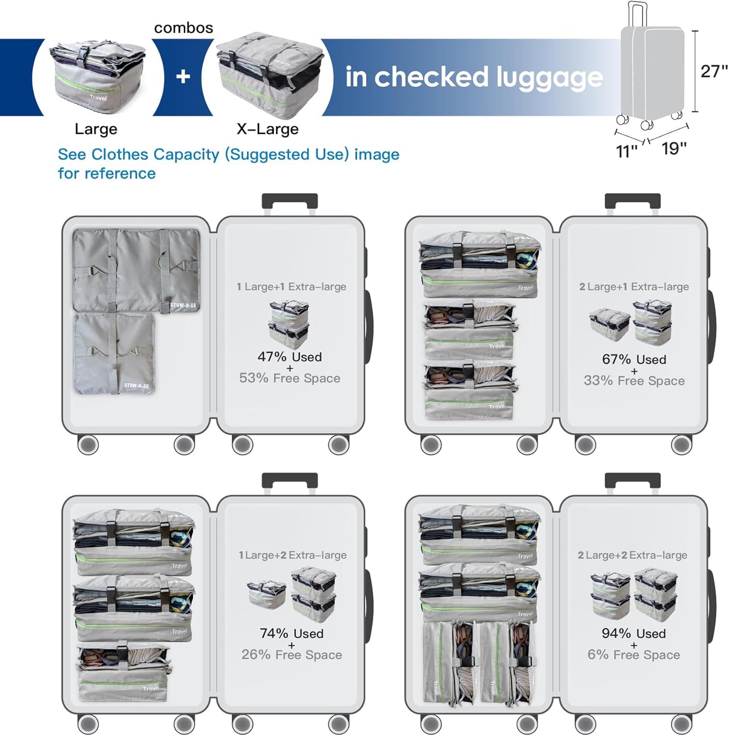 Grand Fusion Stow-N-Go Hanging Travel Shelves, Packing Organizer for Luggage. Carry on Closet for Suitcase. Expandable Packing Cube. Travel Essentials. (Black - L, L = (L) 11.8" x (W) 11.8")