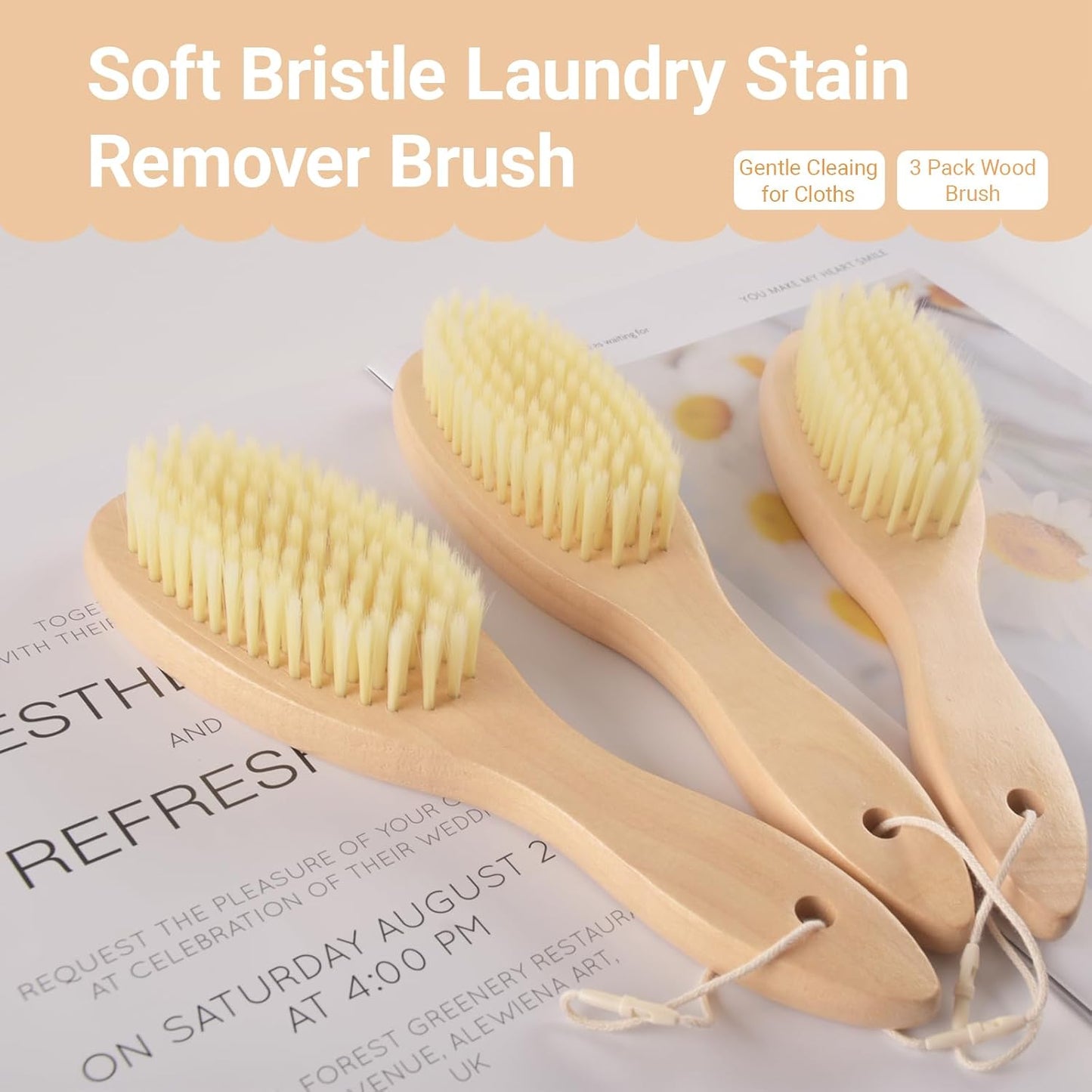 3 Pack Wood Laundry Stain Brush, Very Soft Bristle Shoe Laundry Stain Remover Long Handle Oval Gentle for Sneakers, Suede & Leather, Protable Soft Cleaning Clothes Brush for Scrubbing Stains (3)