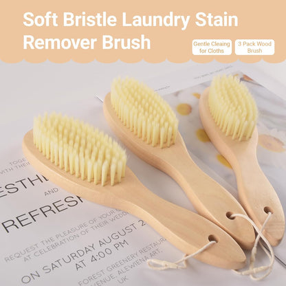 3 Pack Wood Laundry Stain Brush, Very Soft Bristle Shoe Laundry Stain Remover Long Handle Oval Gentle for Sneakers, Suede & Leather, Protable Soft Cleaning Clothes Brush for Scrubbing Stains (3)