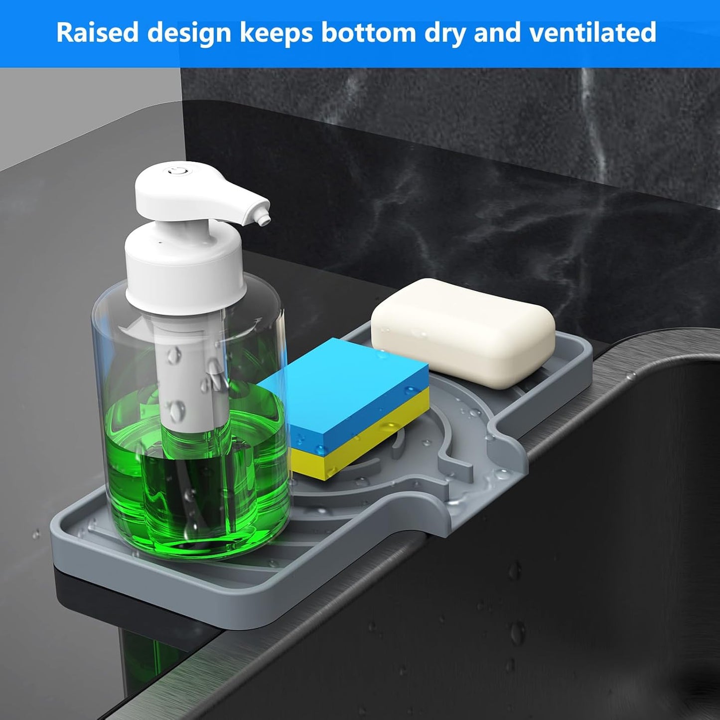 Sponge Holder for Kitchen Sink, Dish Sponge Holder & Soap Tray with Drain, Bathroom Sink Sponge Drying Rack & Perfect Organizer for Dispenser,Bottle,Cup on Sinks or Counter(8"x 4"Gray)