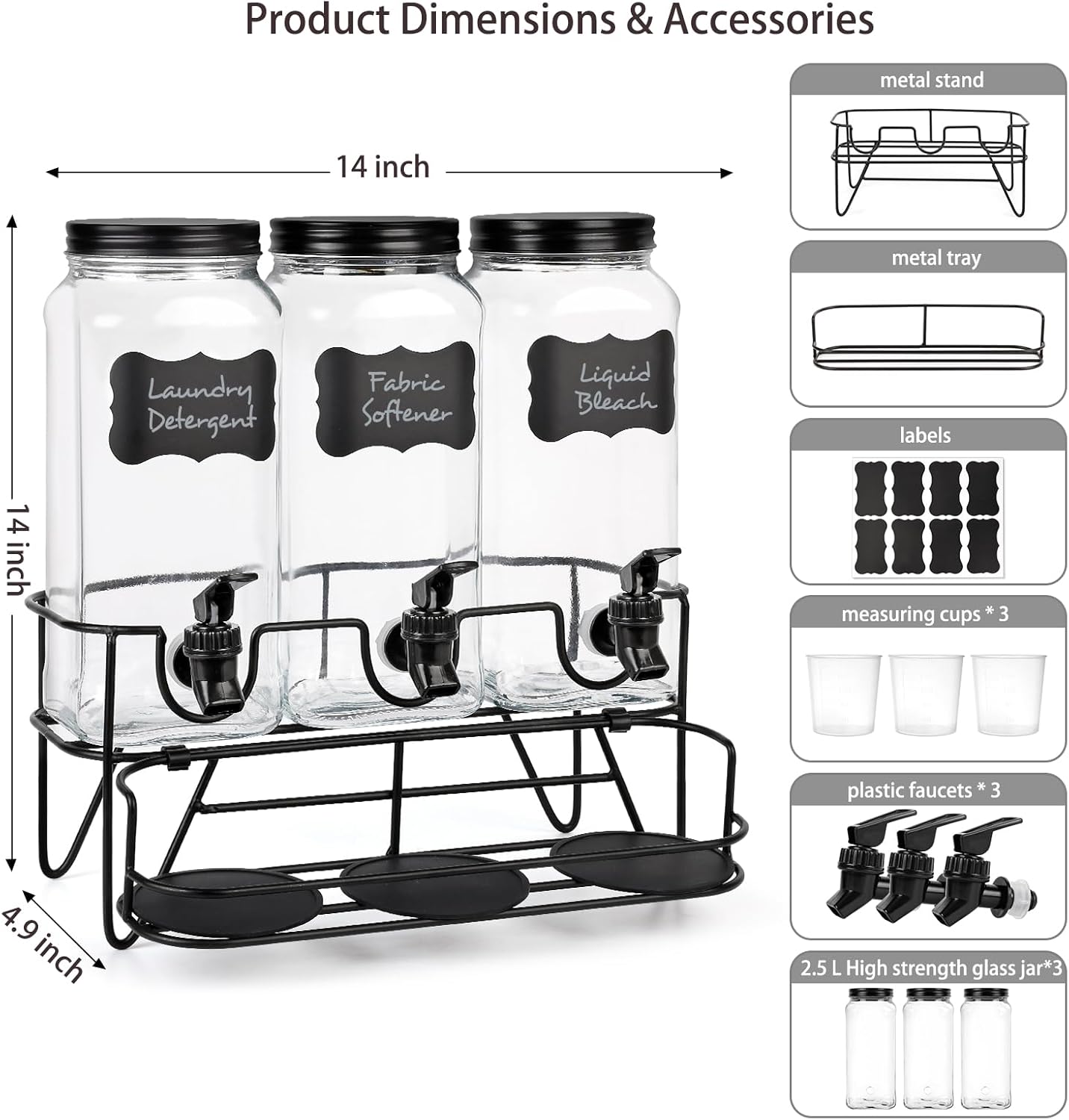 3 Sets 2.2L Liquid Laundry Detergent Dispenser, Glass Laundry Soap Dispenser with Stand, Measuring Cup, Fabric Softener Dispenser for Laundry Room Organization
