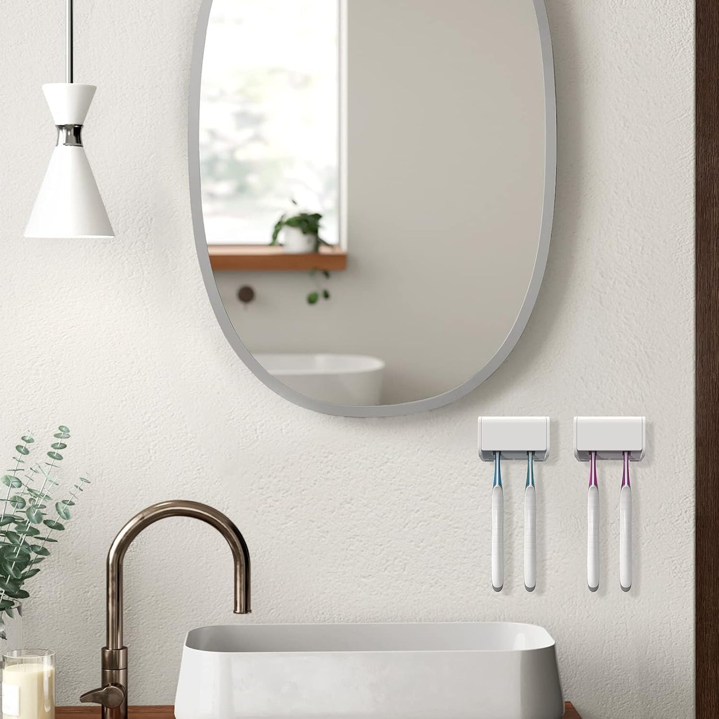 Linkidea 2 Pack Wall Mounted Toothbrush Holder with Cover for Shower, RV, Camper, Bathroom, Self Adhesive 2 Slots Travel Toothbrush Storage Hanger