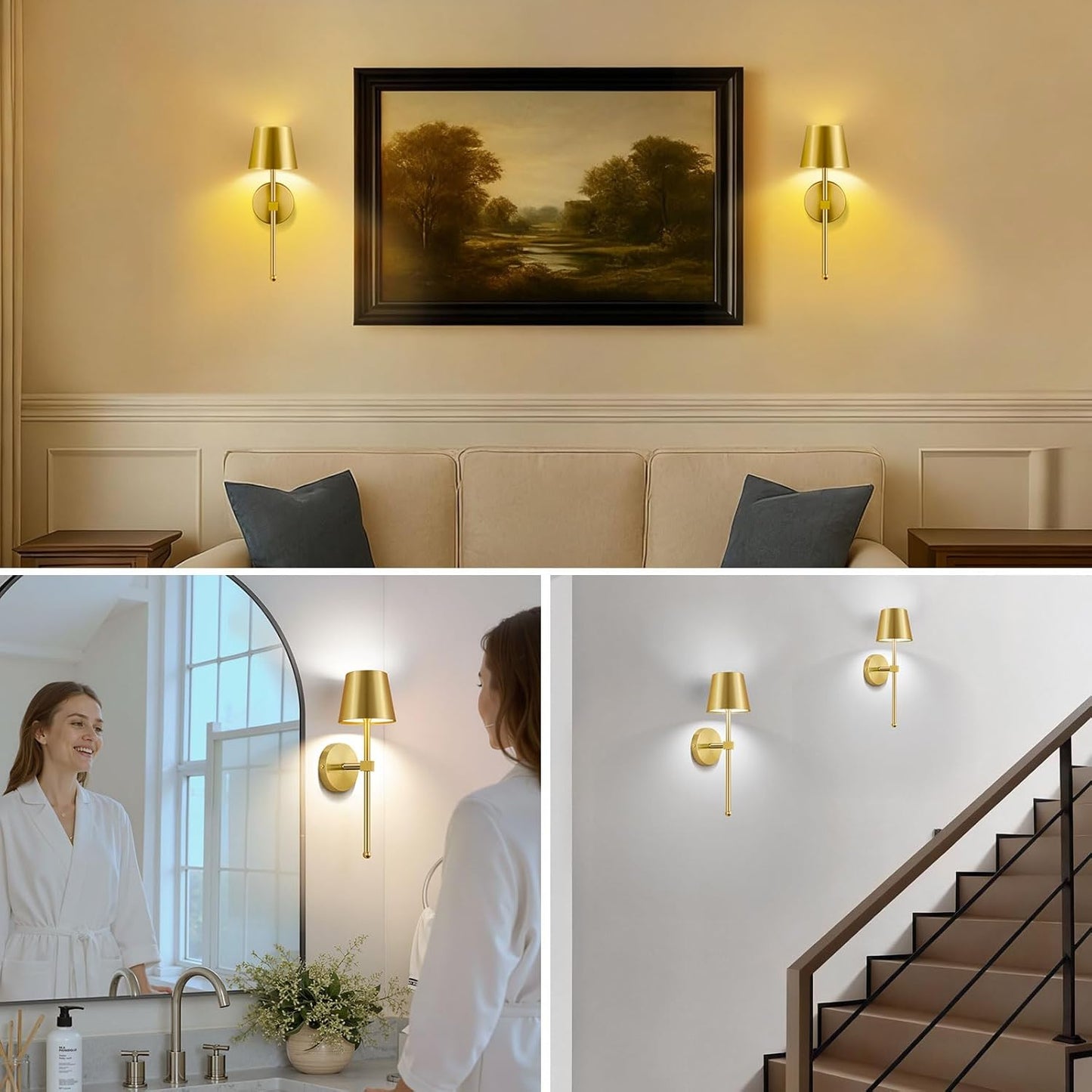 LIGHTESS Battery Operated Wall Sconce Set of Two with Touch and Remote Control, Dimmable Rechargeable Wall Lights for Living Room, Bedroom, Hallway (Gold)
