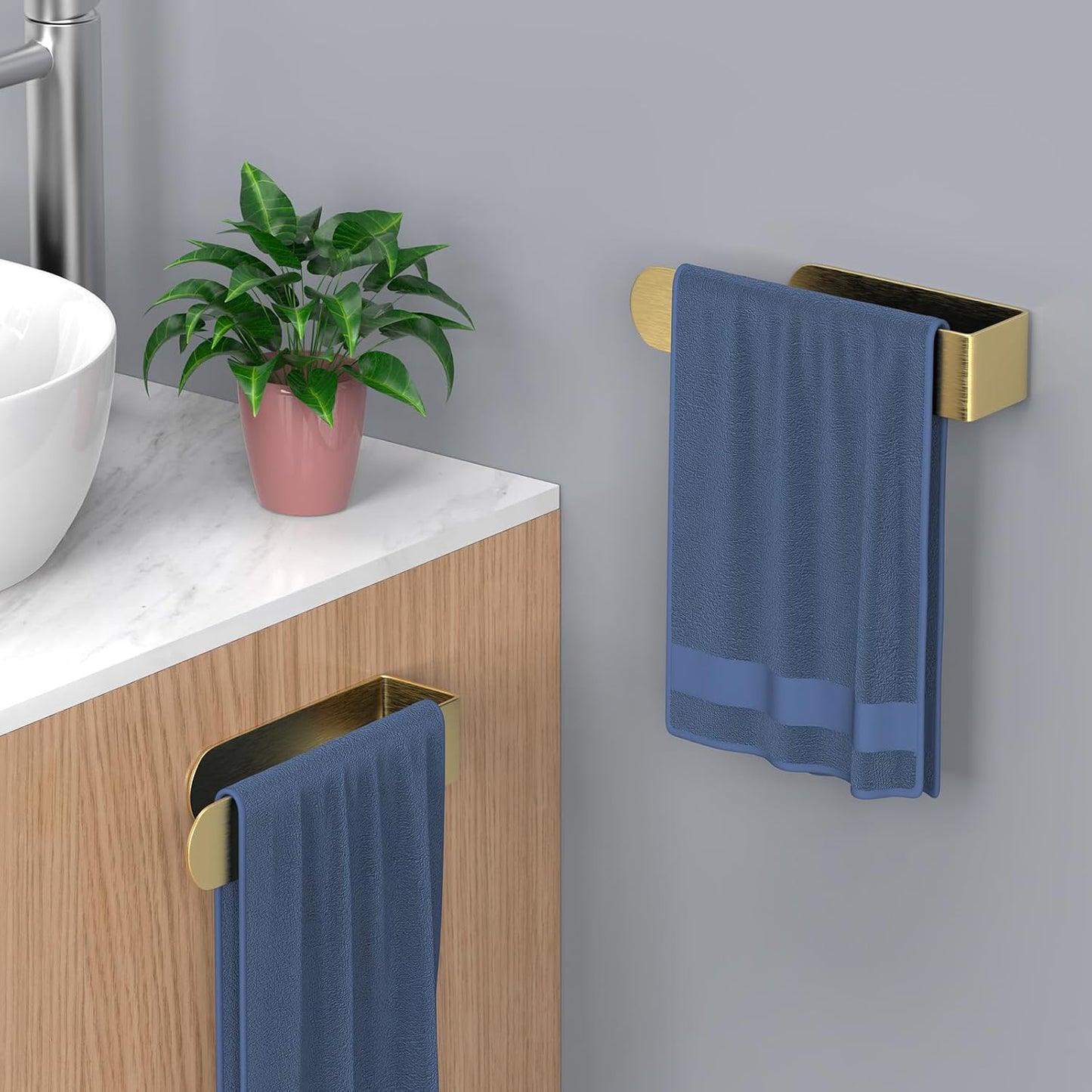 HUFEEOH 2 Pack Adhesive Hand Towel Holder, Kitchen Towel Rack Towel Bars Wall Mounted, Stainless Steel Bath Towel Hanger for Bathroom Hotel Kitchen (White, 8 Inch(2PC))
