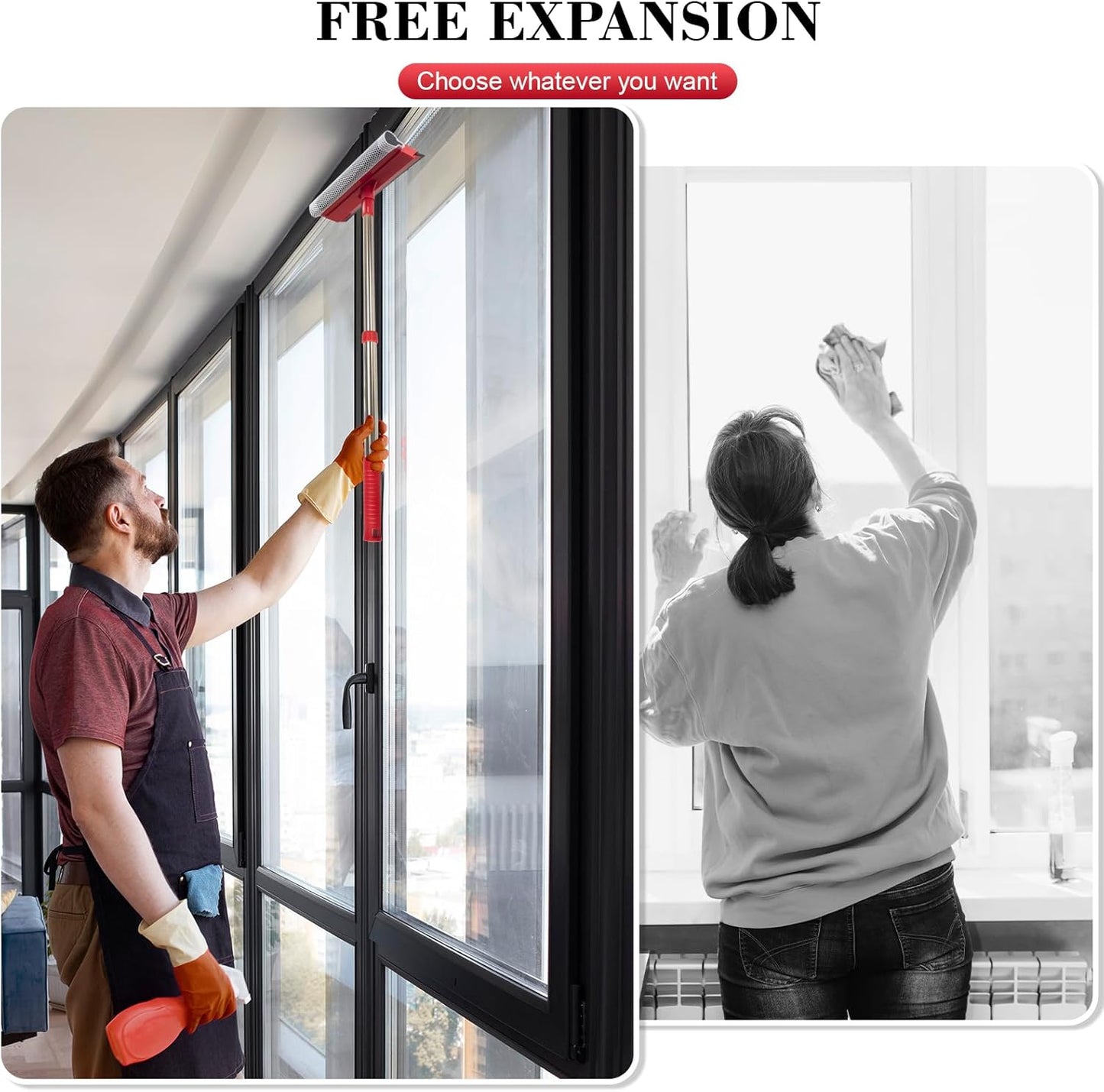 Professional Standard Window Squeegee,2-in-1 Window Cleaner Sponge and Soft Rubber Strip with Retractable Stainless Steel Handle(15.3"-23.6") for Gas Station, Glass,Shower,Outdoor Window Cleaning