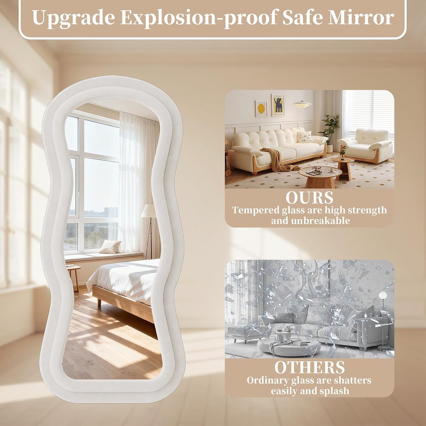 71"x32" Flannel Full Length Mirror, Arched Mirrors Full Length with Stand, Flannel Floor Mirror for Bedroom and Living Room, Full Body Mirror Hanging or Leaning, White