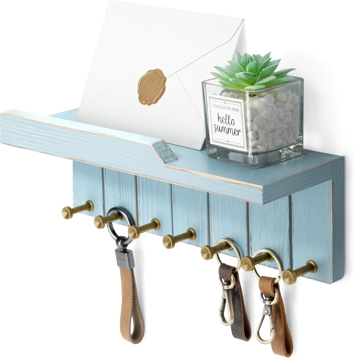 Rebee Vision Small Key Holder Wall Mount for Farmhouse Decor - Key and Mail Holder for Wall with Shelf and 4 Key Hooks - Room Decor Aesthetic (Distressed Blue)