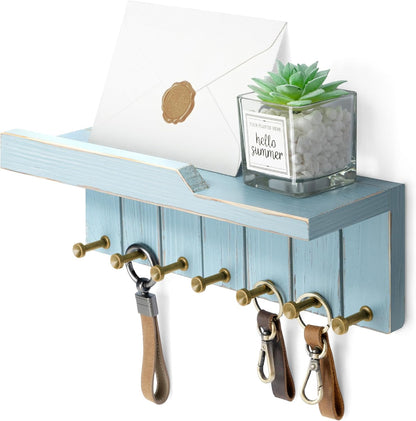 Rebee Vision Small Key Holder Wall Mount for Farmhouse Decor - Key and Mail Holder for Wall with Shelf and 4 Key Hooks - Room Decor Aesthetic (Distressed Blue)