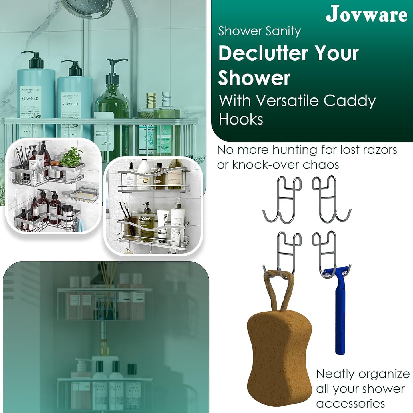 Shower Caddy With Hooks - Razor Holder and Loofah Hanger 2 Pack Silver