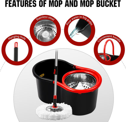 Spin Mop and Bucket with Wringer Set, 360° Spinning Mop Bucket System with 3 Microfiber Mop Replacement Heads and 50" Stainless Steel Adjustable Handle for Floor Cleaning