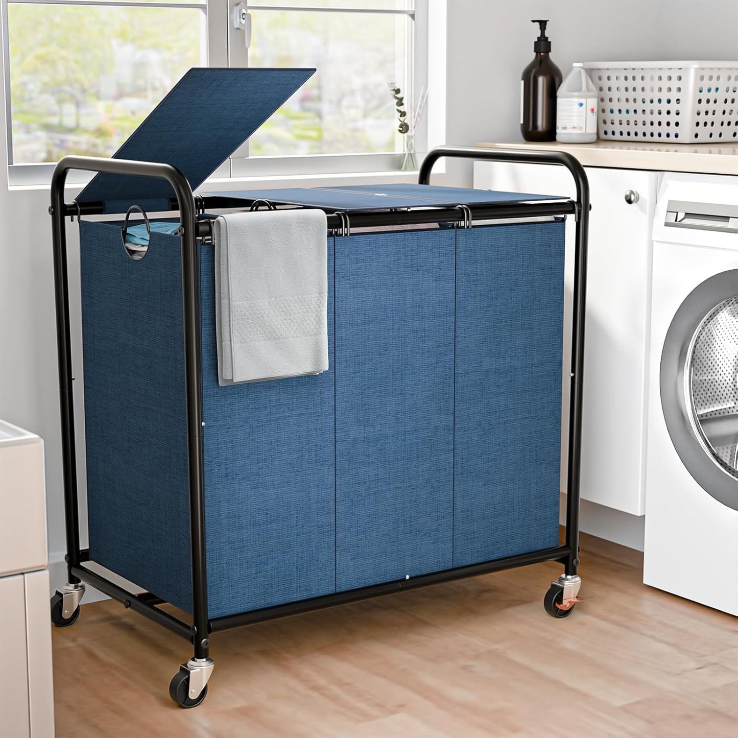 180L (47.55 Gal) Laundry Sorter 3 Section, Rolling Laundry Basket with Lockable Wheels and Lid, Laundry Hamper with 3 Separated Removable Bags Dirty Clothes Hamper for Laundry Room Organizer, Black