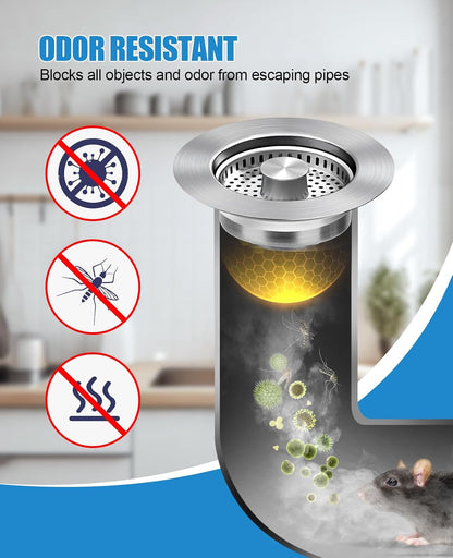 Kitchen Sink Drain Strainer Stainless Steel Stopper Anti-Clog Basket | 3-in-1 design, pop-up button for easy use, all metal heavy duty, anti-clogging