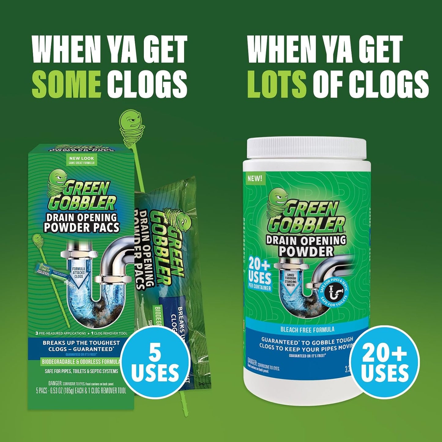 Green Gobbler Drain Clog Remover & Drain Cleaner Powder, 20+ Treatments, Maintenance Breaks Down Grease, Paper, Fat & Oil, Septic Safe