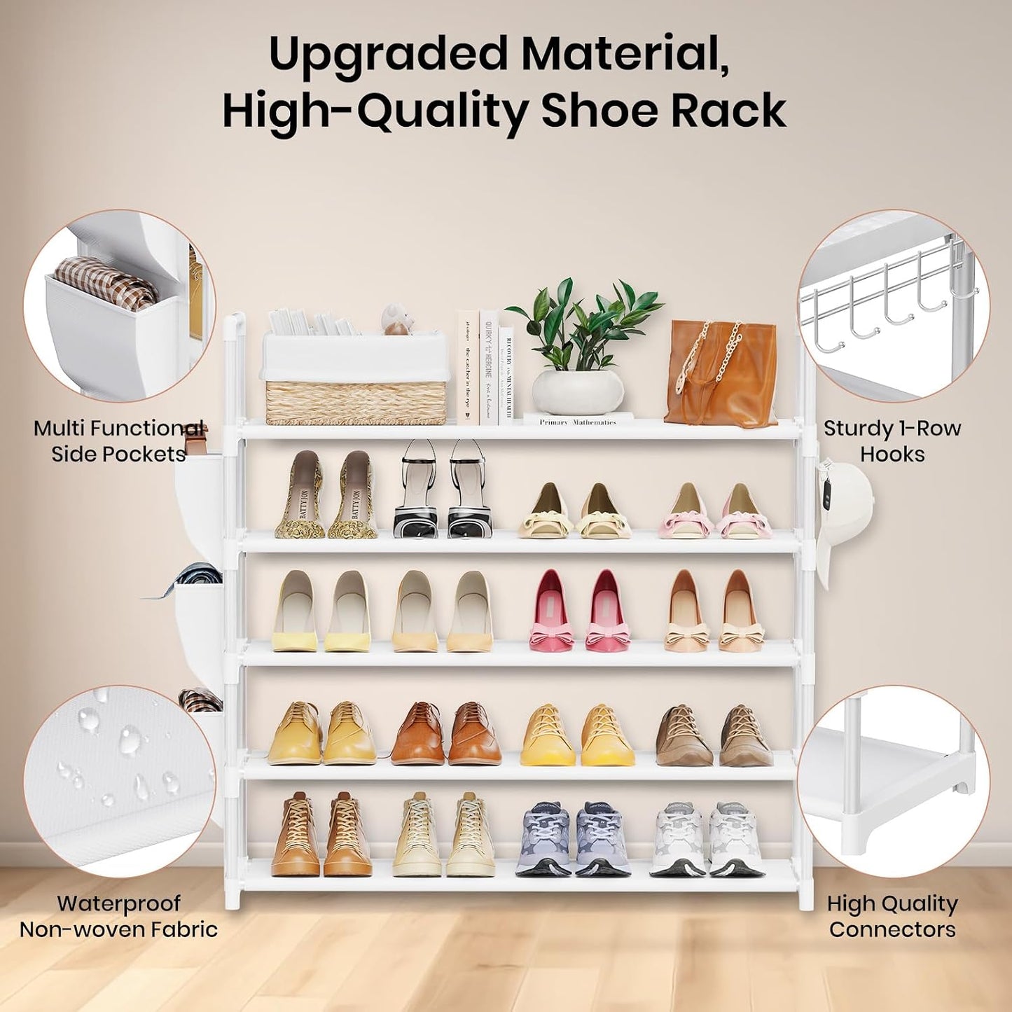 VILICK 5 Tier Shoe Rack with Hook and Side Pocket,Shoe Organizer Space Saver Storage for 20-25 Pair Shoe Storage Shelf Sturdy Free Standing Long Shoe Rack Organizer for Closet,Entryway,Small Spaces